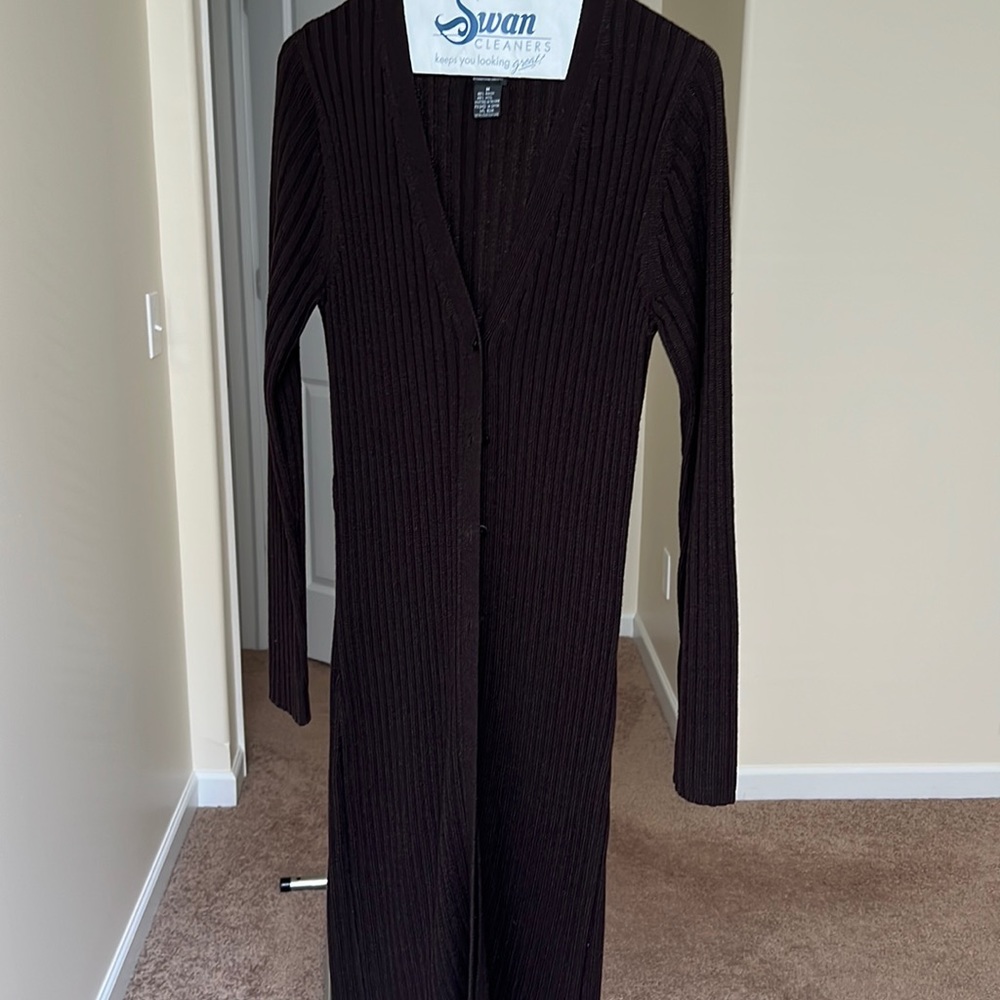 Full length dark brown sweater.  4 buttons up the front.